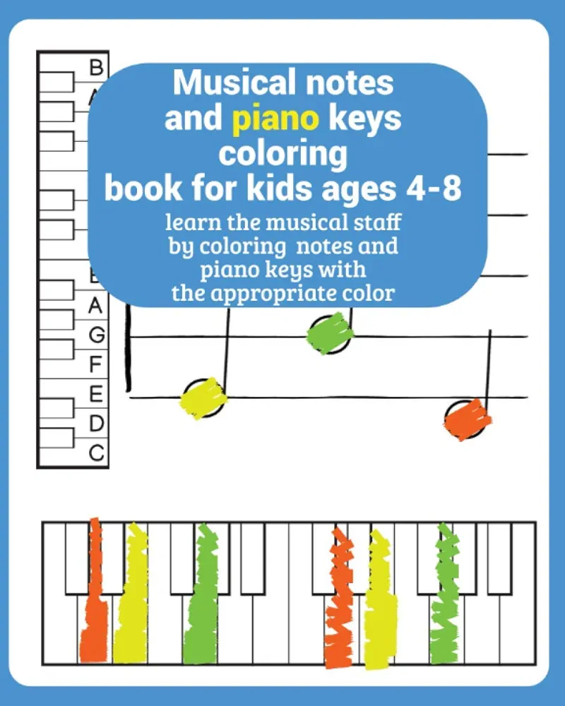 musical notes and piano keys coloring book for kids ages 4-8: learn the musical staff by coloring notes and piano keys with the appropriate color (the musical staff for kids books)