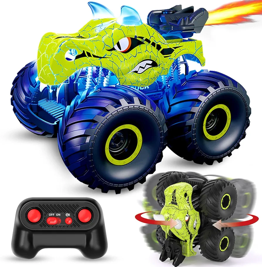 Remote Control Car, 2.4GHz Monster Trucks for Boys Girls with Light, Sound & Spray, Stunt Car Toys Gift for Kids 3 4 5 6 7 8, 4WD All Terrain RC Cars for Toddlers with 2 Batteries