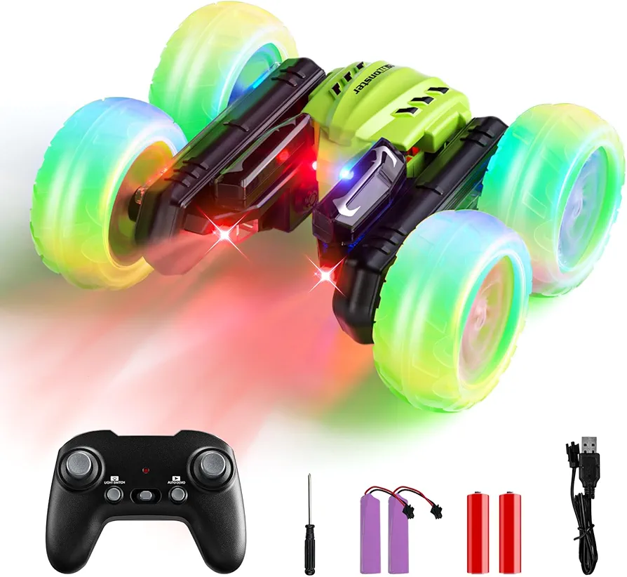 RC Cars Stunt Cars, Remote Control Car for Boys Girls, Drift High Speed RC Cars, 360° Flips Double-Side RC Monster Truck with Headlight Wheel Light, Toys Gift for Kids on Christmas (Green)