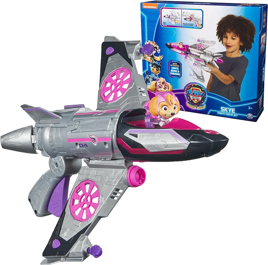 Paw Patrol: The Mighty Movie, Transforming Rescue Jet with Skye Mighty Pups Action Figure, Lights and Sounds, Kids Toys for Boys & Girls 3+