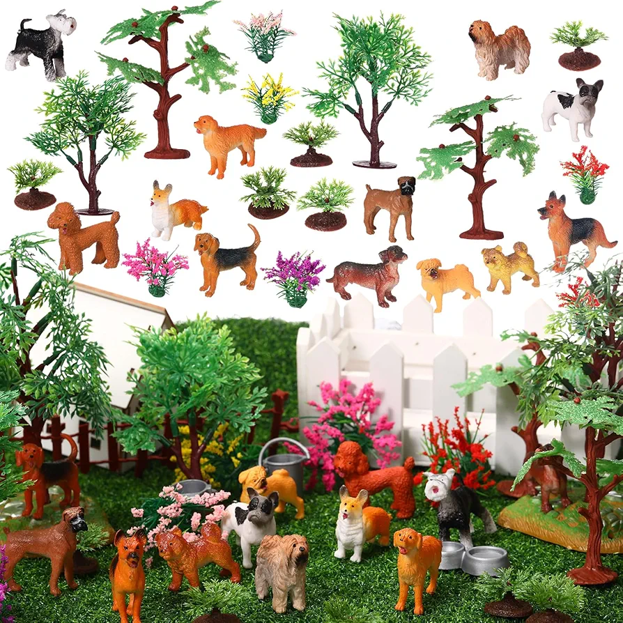 Sratte 26 Pcs Mini Dog Figurines Playset 12 Toy Dogs 9 Model Trees 5 Artificial Flowers Animal Figurines Diorama Supplies for Cake Toppers Toddlers Gift Birthday Party School Project Decor