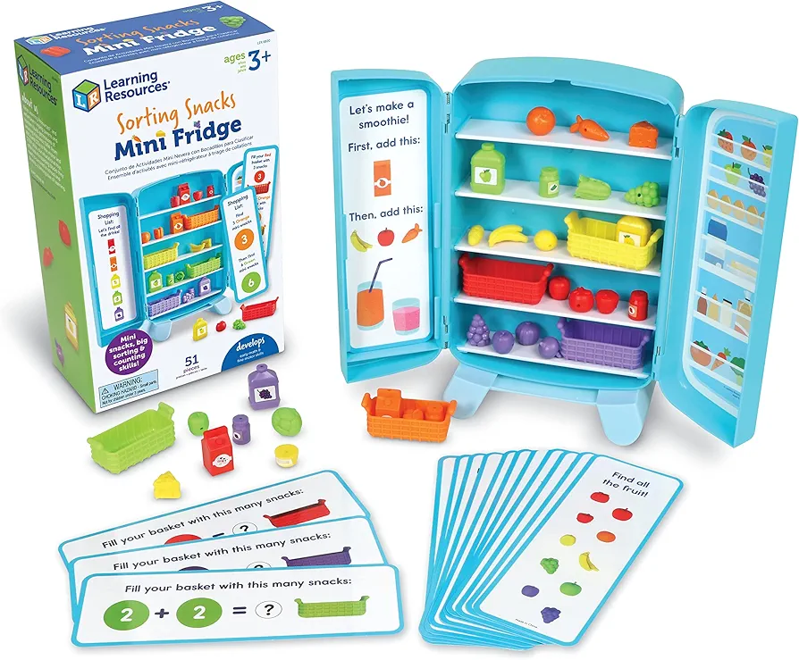 Learning Resources Sorting Snacks Mini Fridge ,51 Pieces, Ages 3+, Toddler Toys, Educational Toys, Snack Toys,Plastic Food Toys,Kids Kitchen Accessories