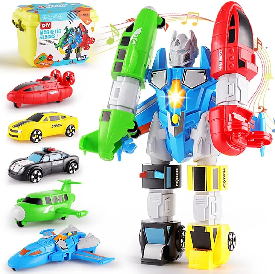 5-in-1 Magnetic Vehicles Playset Toy, Transform to Robot, Mix & Match Assembling Building Action Figures Kit with Storage Box, Holiday Birthday Gift for Kids, Boys & Girls 3 4 5 6 7 Year