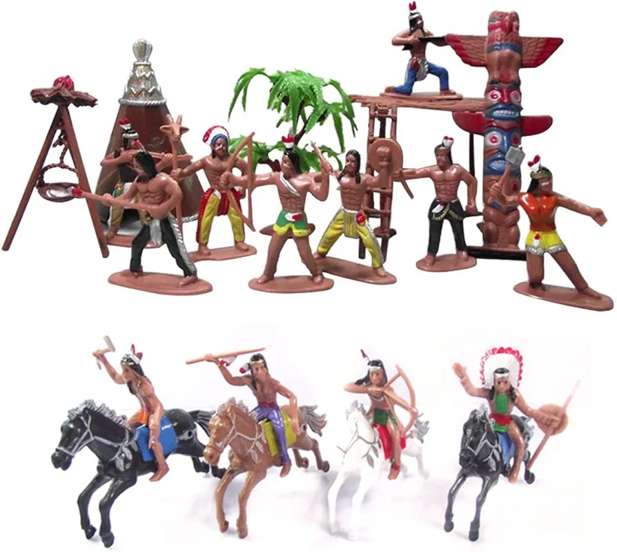 21 Pcs Plastic Indian Figures Playset Toy Native American Figures with Horse, Tent, Totem etc. Wild West Cowboy Miniature Kit Great for Kids Children as School Project, Christmas,Birthday Gift