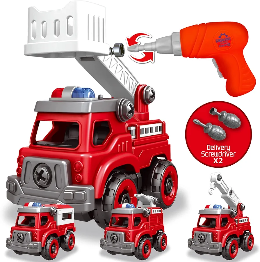 4-in-1 Take Apart Toys Truck with Electric Drill, DIY Assembly Fire Truck Toy Vehicles, Kids STEM Building Educational Cars Toys, Birthday Gifts for Age 3 4 5 6 7 8 Years Old Boys Girls