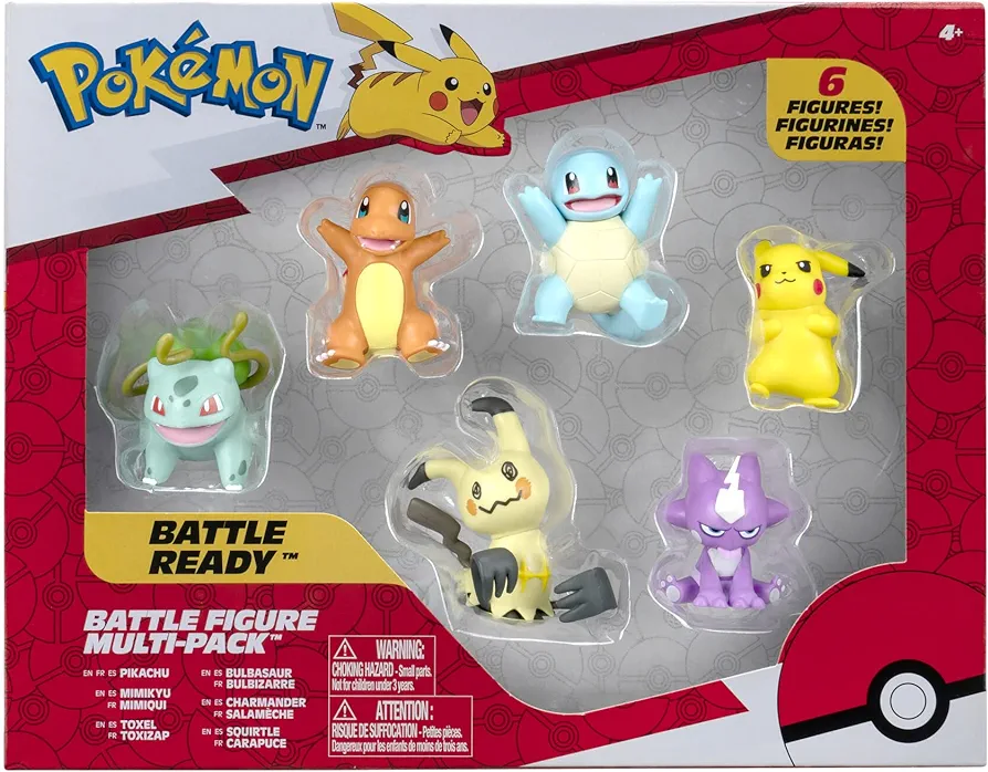 Pokémon Battle Figure 6 Pack-Features 2-Inch Pikachu, Squirtle, Charmander, Bulbasaur, Mimikyu & Toxel-Authentic Details