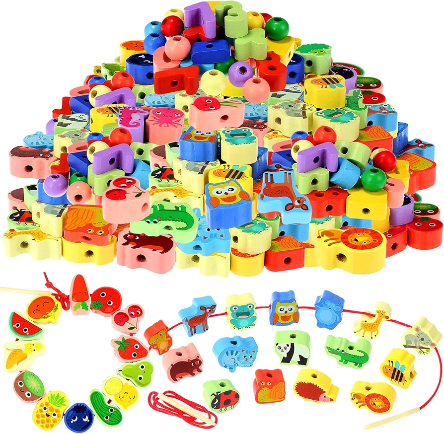 Shappy 93 PCS Wooden Lacing Beads Large Toddler Beads and Strings for Kids Educational Stringing Threading Lacing Beads Toys Stacking Block Toys STEM Montessori Toys Gifts for Kids Boys Girls Gift