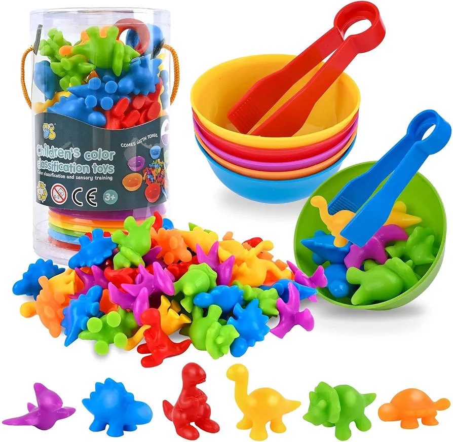 Counting Dinosaurs Toy Matching Games, 56 Pcs Color Sorting Toys with Bowls Preschool Learning Math Activities for Kids Toddlers 3-6 Gift