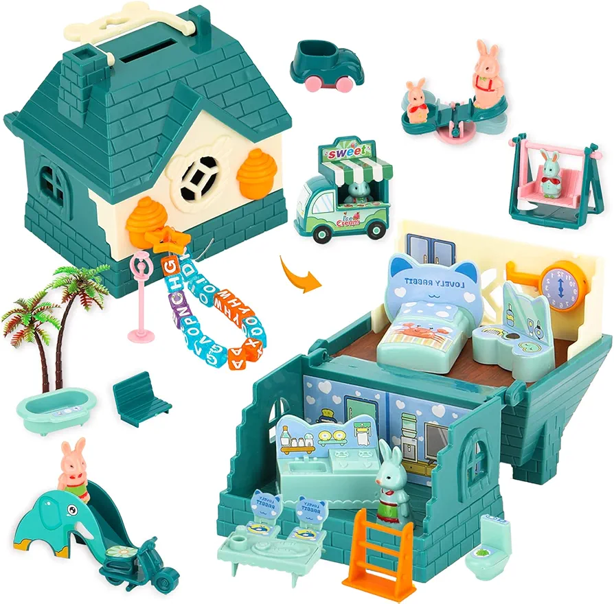 TQQFUN Bunny Figure Playset for Kids - 32Pcs Foldable Bunny House Playset Educational Pretend Role Play Kit for Boys and Girls Ideal Kids Birthday Gift