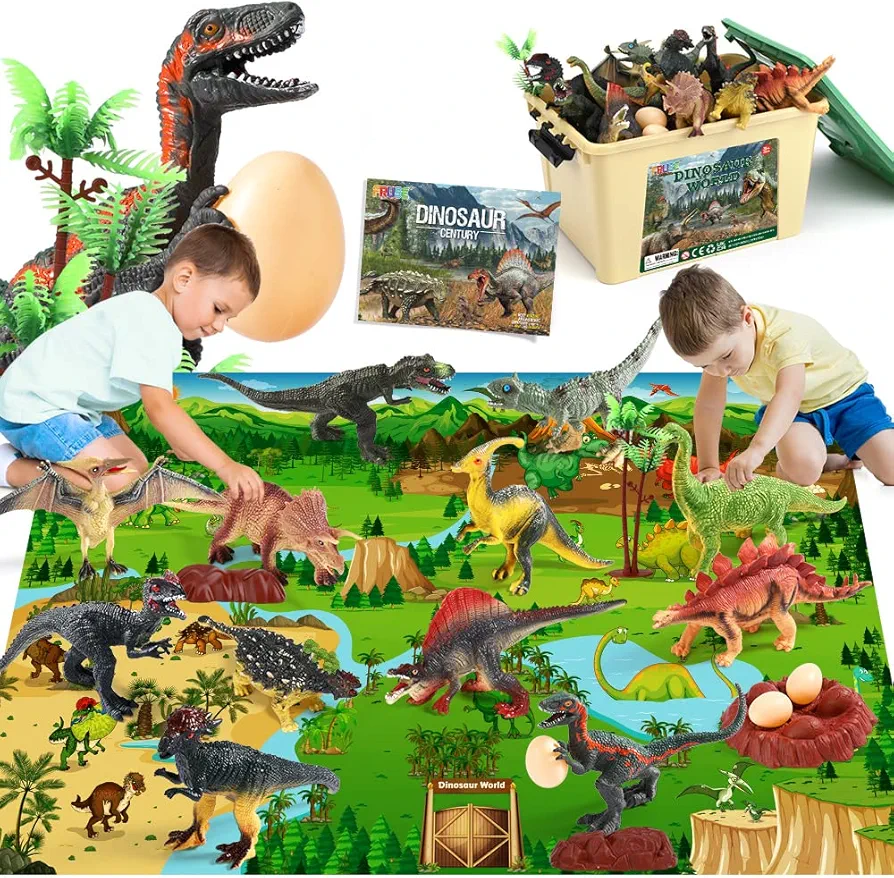 FRUSE Jurassic Dinosaur Toys Figures,12 PCS Realistic Large Dinosaur Figurines with Jumbo Play Mat & Information Dino Book,Educational Dino Figure Playset Cake Topper Decoration for Kids