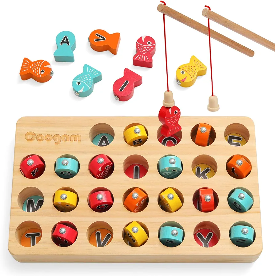 Coogam Wooden Magnetic Fishing Game, Fine Motor Skill Toy ABC Alphabet Color Sorting Puzzle, Montessori Letters Cognition Preschool Gift for Years Old Kid Early Learning with 2 Pole