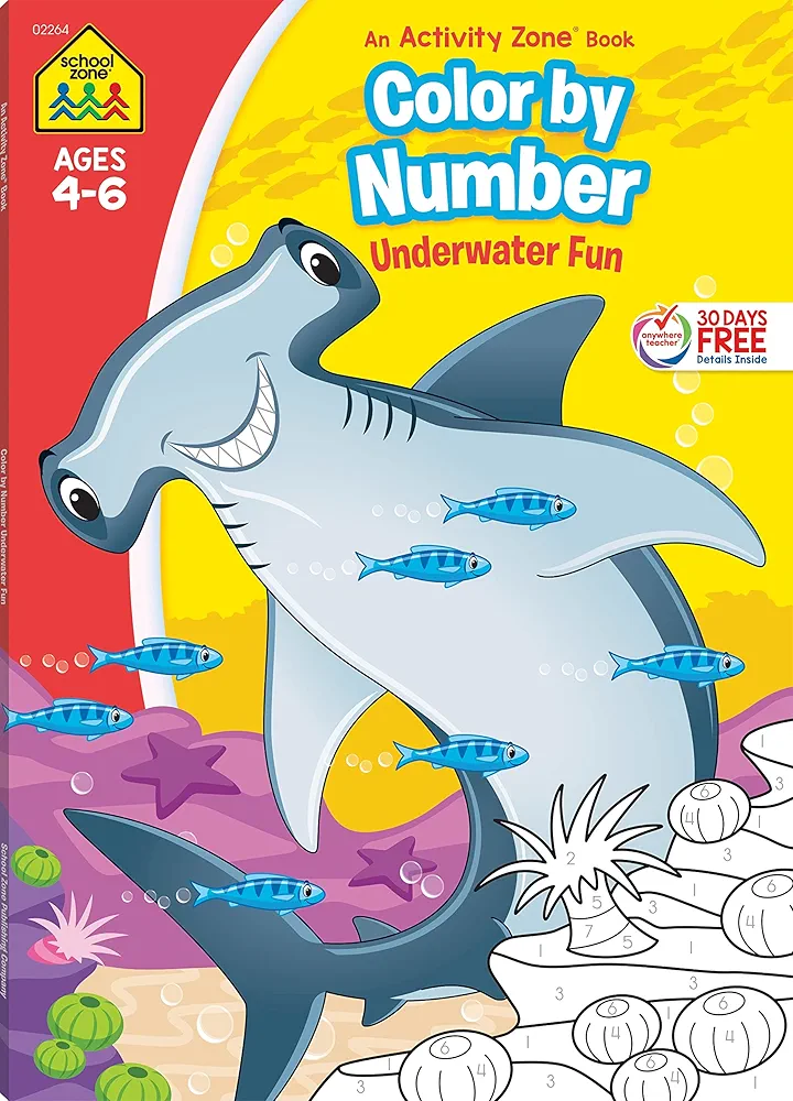 School Zone - Color By Number Underwater Fun Workbook - 64 Pages, Ages 4 to 6, Kindergarten, 1st Grade, Numerical Order, Coloring, Sea Creatures, and More (School Zone Activity Zone® Workbook Series)