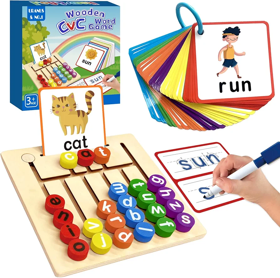 Wooden CVC Word Spelling Games, Learn to Write Sight Words Flash Cards, Preschool Kindergarten Learning Activities, Montessori Educational Toys Gifts for 3 4 5 6 Year Old Kids