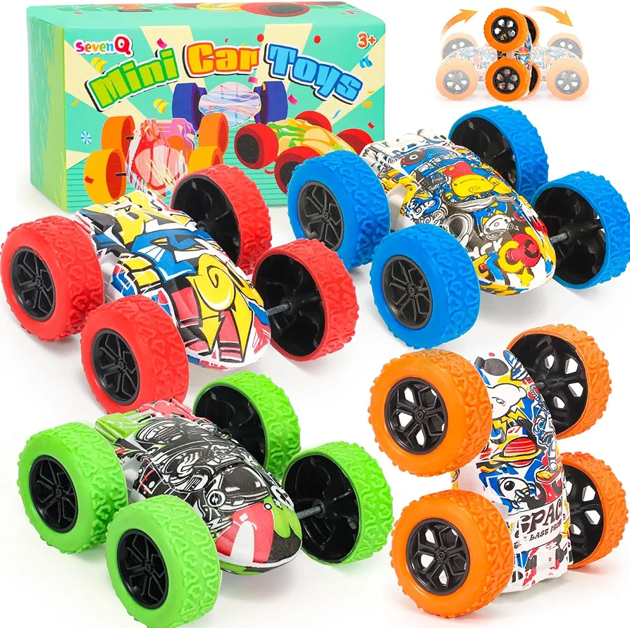 Toy Cars for Kids, 4 Pcs Monster Truck Toys Vehicles Push and Go Flip Stunt Car, Race Cars Party Favors for Toddlers Goodie Bag Prizes Treasure Box Toys for Boys 4-6 Christmas Birthday Gifts