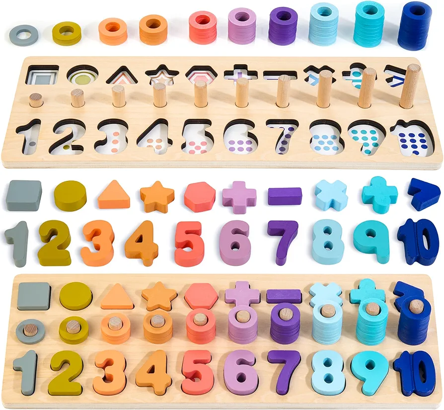 Wooden Number Puzzle for Toddlers- Montessori Toys for 3 4 5 Years Old Boys & Girls- Shape Sorting Stacking Counting Game, Preschool Math Learning Toys for Kids