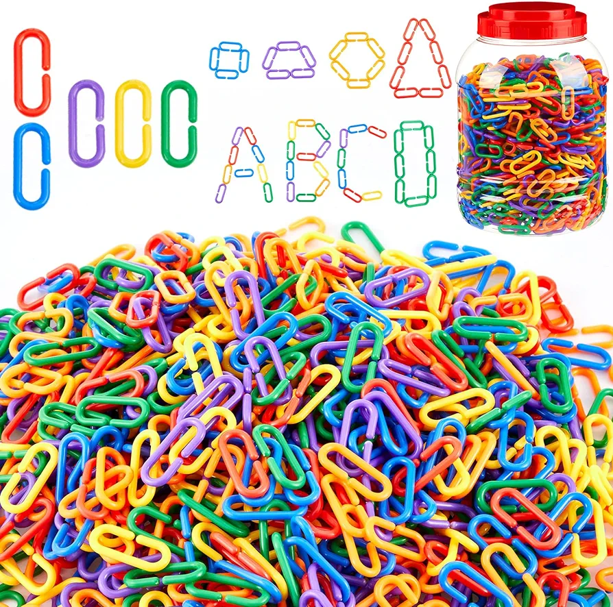 Bucket of 1000 Pcs Rainbow C Clip Hooks Chain Links Plastic Kids Counting Toys Bulk Math Manipulatives Counters for Toddler Parrot Preschool Learning Supplies DIY Education Fine Motor Skill