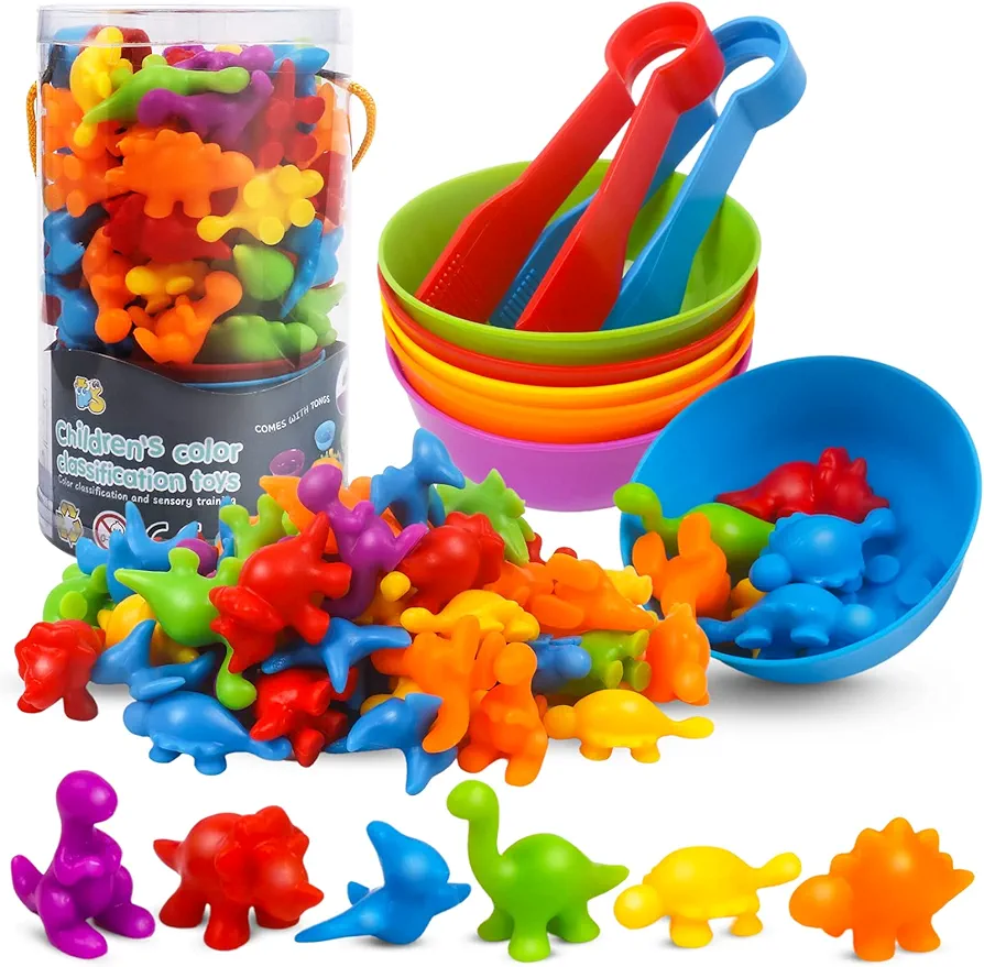 Counting Dinosaurs Toys Matching Game with Sorting Bowls Preschool Learning Activities Montessori Sensory Toys for Math Color Sorting, Party Favors Birthday Gifts for Kids Toddlers