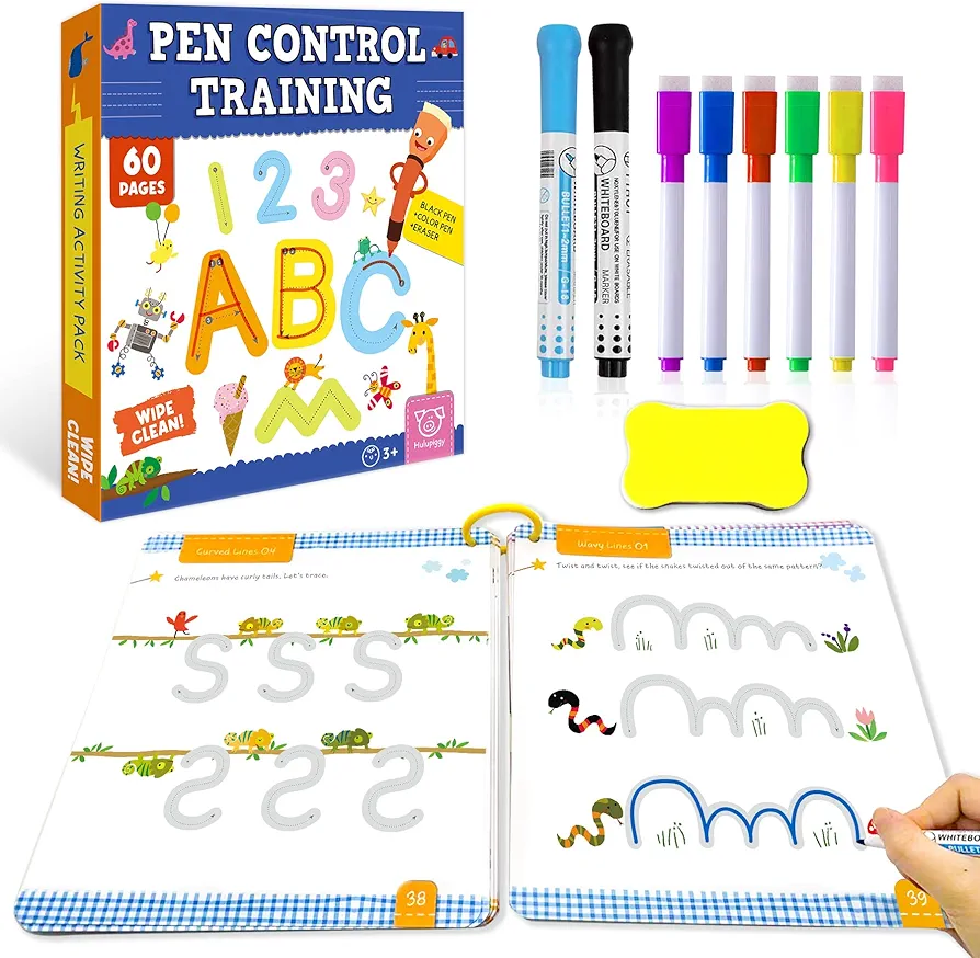 Preschool Learning Activities 60 Reusable Pages, Tracing Letter Number Handwriting Practice Book for Kids, Montessori Autism Educational Fine Motor Toddler Learning Toys for 3 4 5 Year Olds