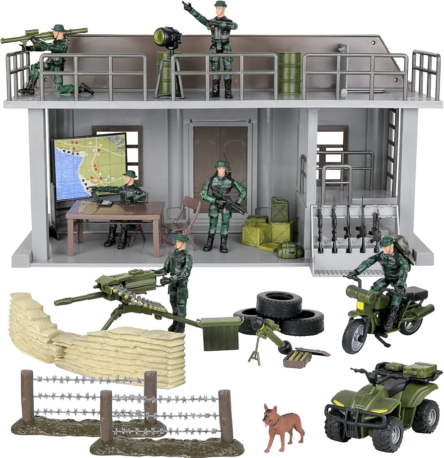 Click N' Play Army Action Figure and Military Playset with Multi Level Command Center, Includes 51 Accessories- 6 Solider Action Figures with Gear, Guns, Vehicles, Army Playset for boys 6+