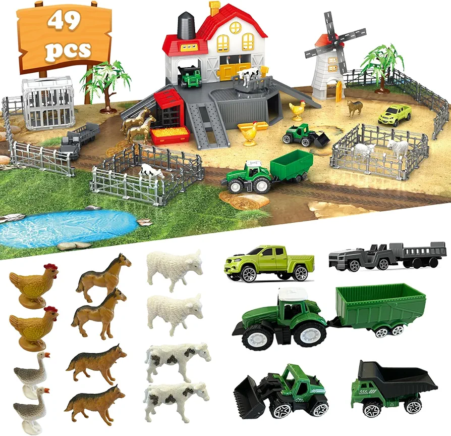 Farm Animals Toys with Play Mat, Farm Playset Barn House with Truck Tractor Toys for Kids and Animals Figurines, Animal Toy Farm Set for 3-12 Years Old Kids Boys Girls Toddlers, 49PCS