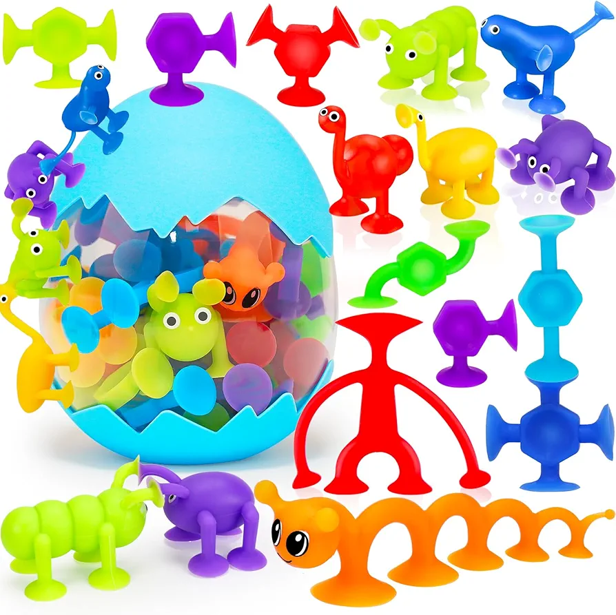 32 PCS Suction Cup Toys Kids Bath Toy Party Favor Goody Prize Stuffer Gift for 2 3 4 5 6 Year Old Boy Girl Toddler Travel Toy Educational Sensory Fidget Dinosaur Window Toy with Eggshell Storage