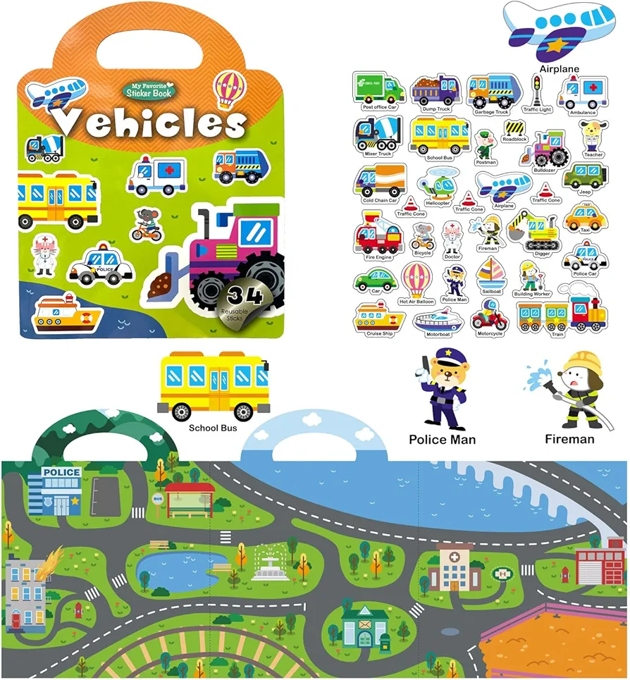 Reusable Sticker Books for Kids, Preschool Learning Sticker Activity Book, Restickable Jelly Stickers Toys for Kids Girls Boys-Vehicles…