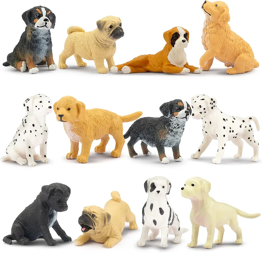 Toymany 12PCS Mini Dog Figurines Playset, Realistic Detailed Plastic Puppy Figures, Hand Painted Emulational Tiny Dogs Animals Toy Set, Cake Toppers Christmas Birthday Gift for Kids Toddlers