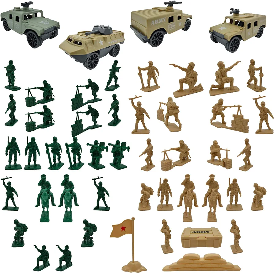 Army Men Playset Military Weapons Accessories 56 Pack Toy Soldiers Action Figures for Toddlers Age 6 7 8 9 yr Old Boys Girls Kids Children