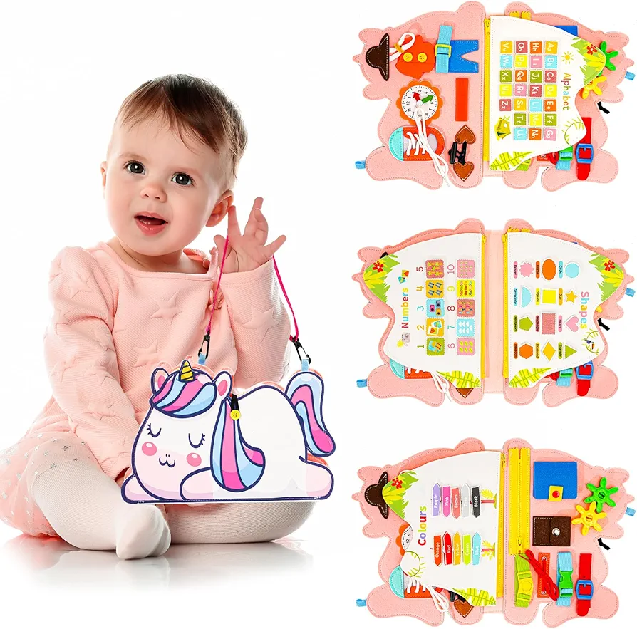 Hautton Busy Board Montessori Toys for Toddlers 1-3, Kids Sensory Book with Educational Preschool Learning Activities, Toddler 3-5 Travel Busy Book and Gifts for Boys Girls -Unicorn