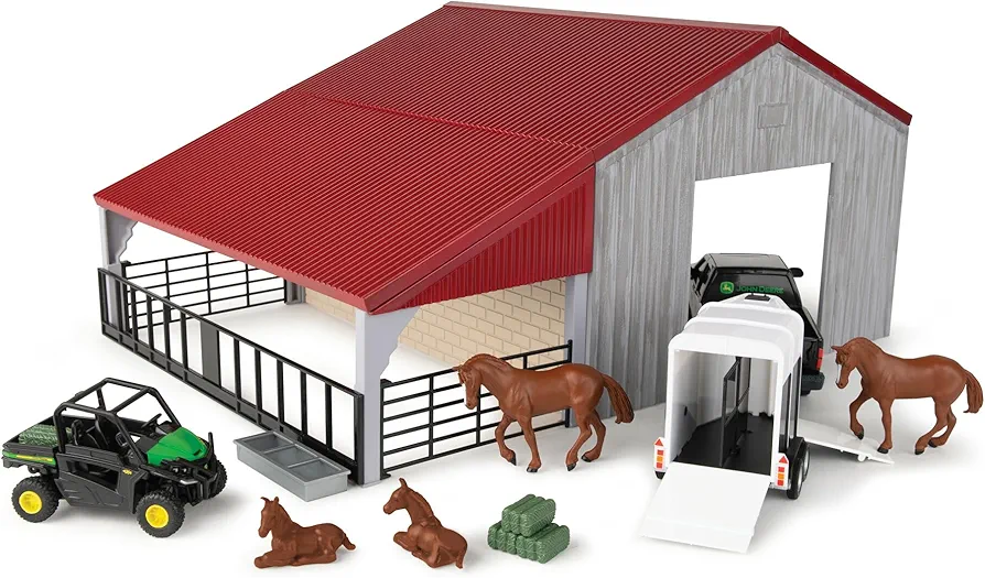 John Deere Weathered Barn Farm Playset - 1:32 Scale - Includes Barn, Pick Up Truck Toy, Horse Trailer, Horse Toys, and More Farm Toys - 13 Count - Ages 3 Years and Up