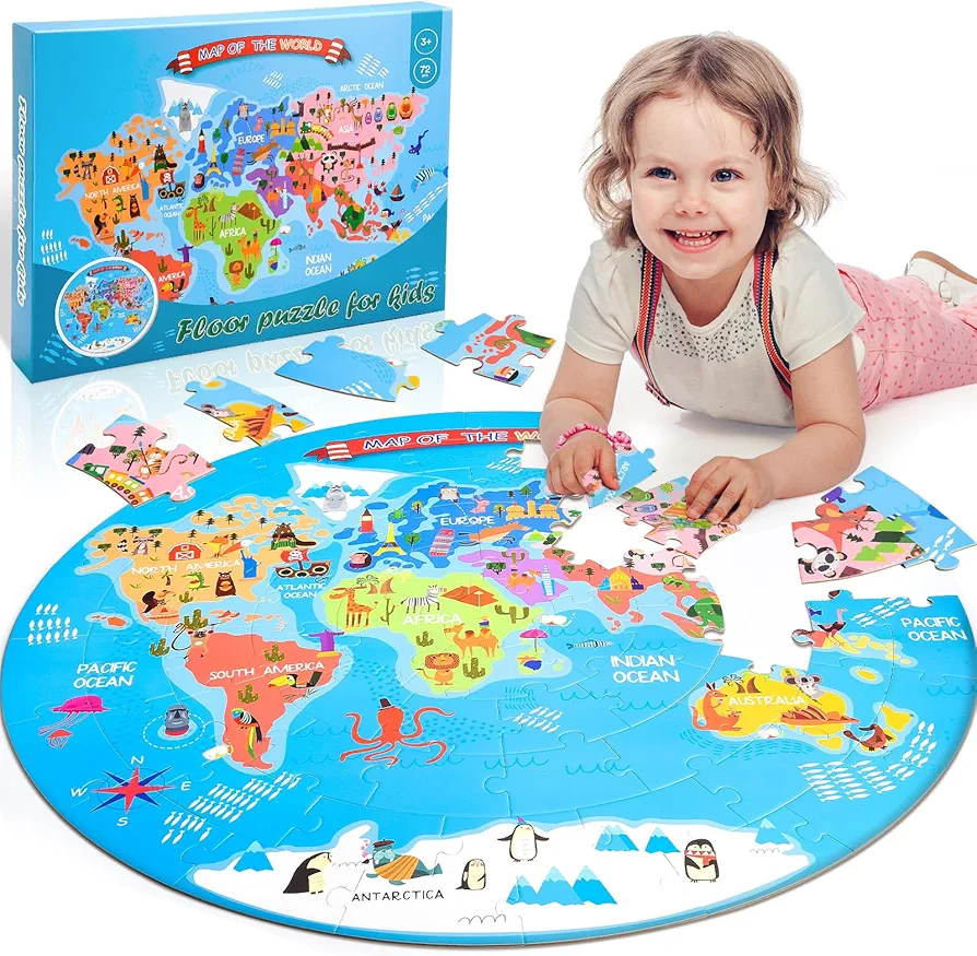 Toys for Age 3-9, World Map Puzzle for Kids Preschool Learning Activities Large Jigsaw Puzzle Educational Toys for 3 4 5 6 7 8 9 Year Old Boys Girls Birthday Gifts Idea