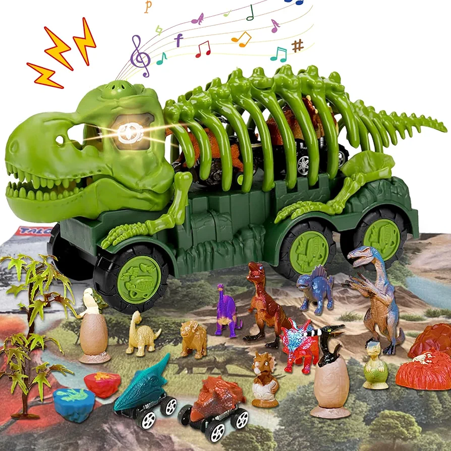 Dinosaur Truck Playset with Light and Sound, 8 Dino Figures and Activity Mat for Boys 3-5 Years, includes Trees, Eggs, Monster Truck Toy for Kids' Pretend Play, Popular Easter Gift for Kids