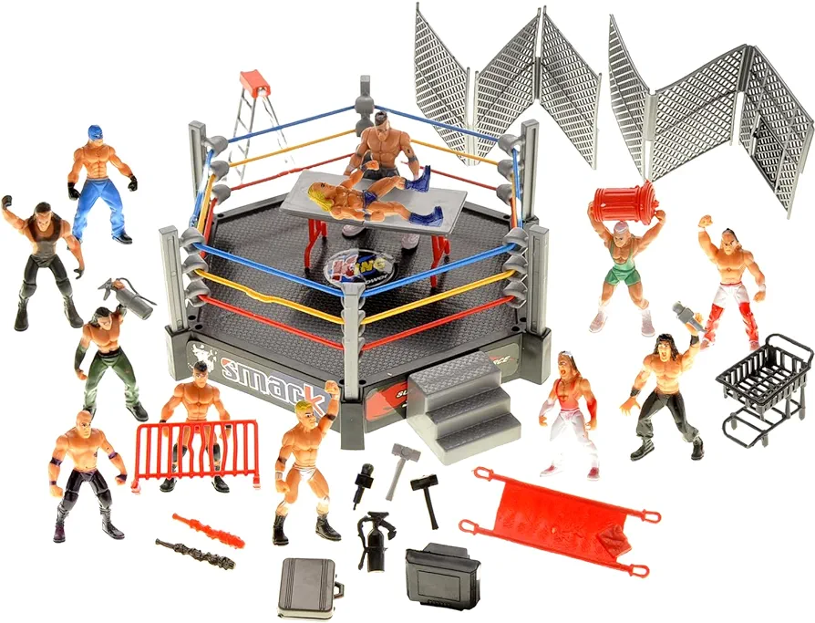 PowerTRC 32 Pcs Wrestling Toys for Kids, Wrestler Play Set with 2 Wrestle Rings Style, 12 Super Wrestlers, Many Realistic Accessories, Toy Figures Cake Topper Birthday Party Decoration Play Set Gift