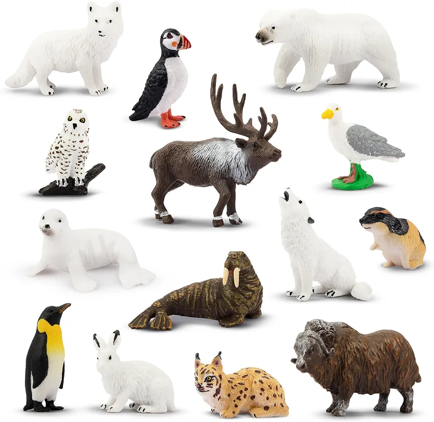 Toymany 14PCS Tiny Polar Animal Figurines, Plastic Arctic Animal Figure Set includes Polar Bear,Caribou,Penguin,Walrus, Wolf Figures, Cake Toppers Christmas Party Birthday Toy Gift for Kids Toddlers