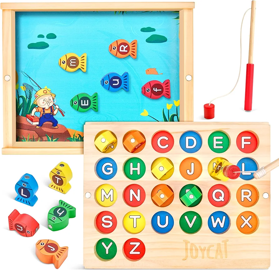 Wooden Magnetic Fishing Game for Toddlers, Alphabet Educational Color Sorting Games Puzzle, Montessori Fine Motor Skills Toy with Letters, Preschool Learning ABC Cognition Toys Gift 3 4 5 Years Old Ki