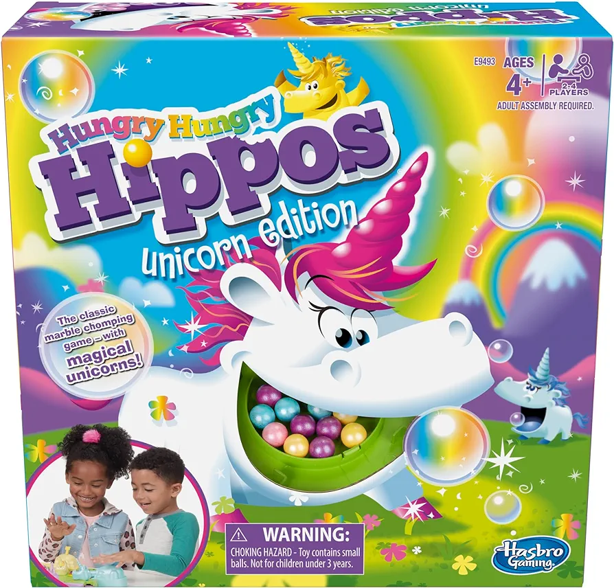 Hasbro Gaming Hungry Hippos Unicorn Edition Pre-School Board Game for Kids Ages 4 and Up; 2-4 Players