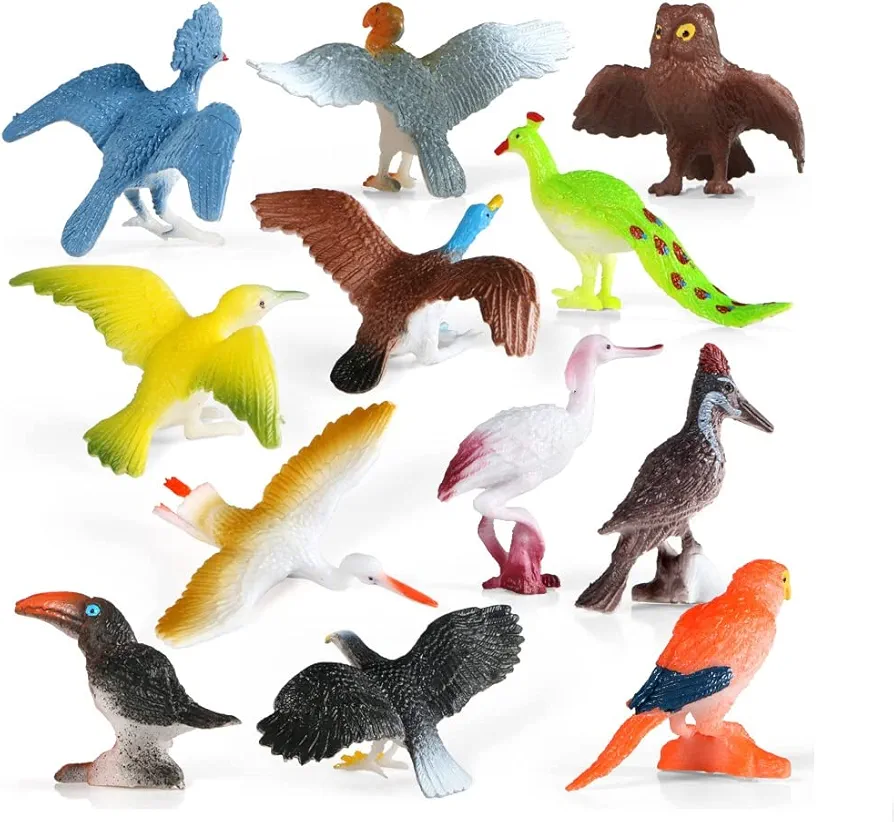 12PCS Mini Bird Animal Figures Model Parrot Owl Eagle Crane Peacock Birds Figurine Collection Playset Cake Toppers Gift for Kids Educational Toys