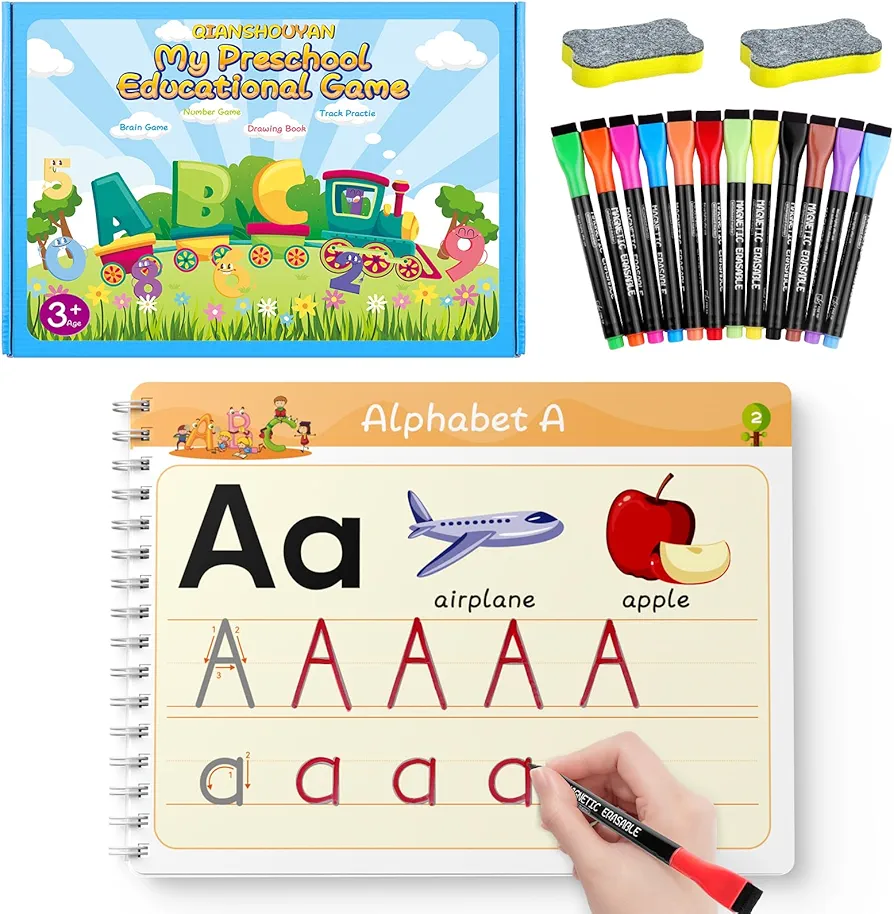 Preschool Learning Activities Educational Workbook - Toddler Prek Reusable Handwriting Practice Activity Tracing Toys Busy Book for Kids, Autism Learning Materials Book for Kid Age 3-8