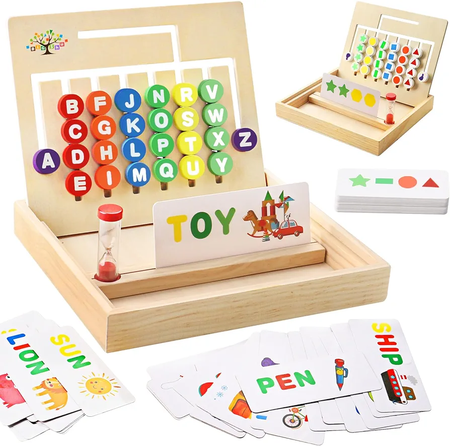 Wooden Montessori Toys for Kids 3 4 5 6 7 8 Years Old, Alphabet Learning Toys with 34 Cards, Color Shape Matching Slide Puzzles Brain Teaser Logic Board Games for Preschool Kindergarten Homeschool