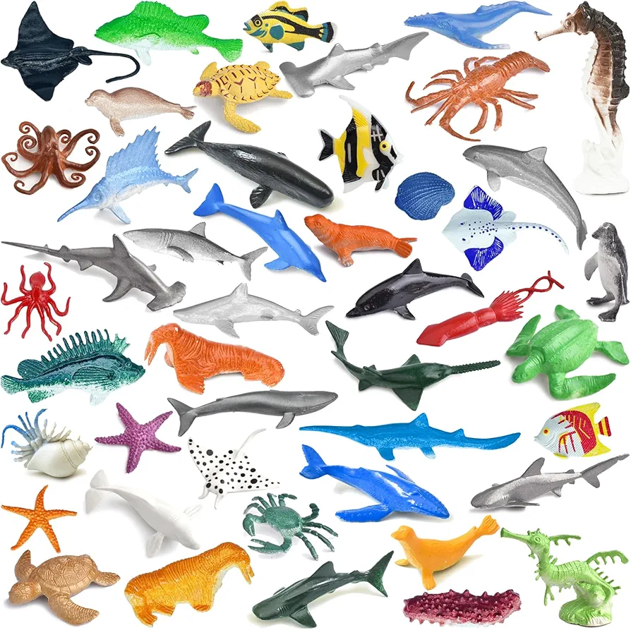 ONEST 46 Pieces Ocean Animal Figurines Playset Mini Sea Animal Toys Realistic Detailed Plastic Ocean Sea Animal Figures for Kids and Toddlers