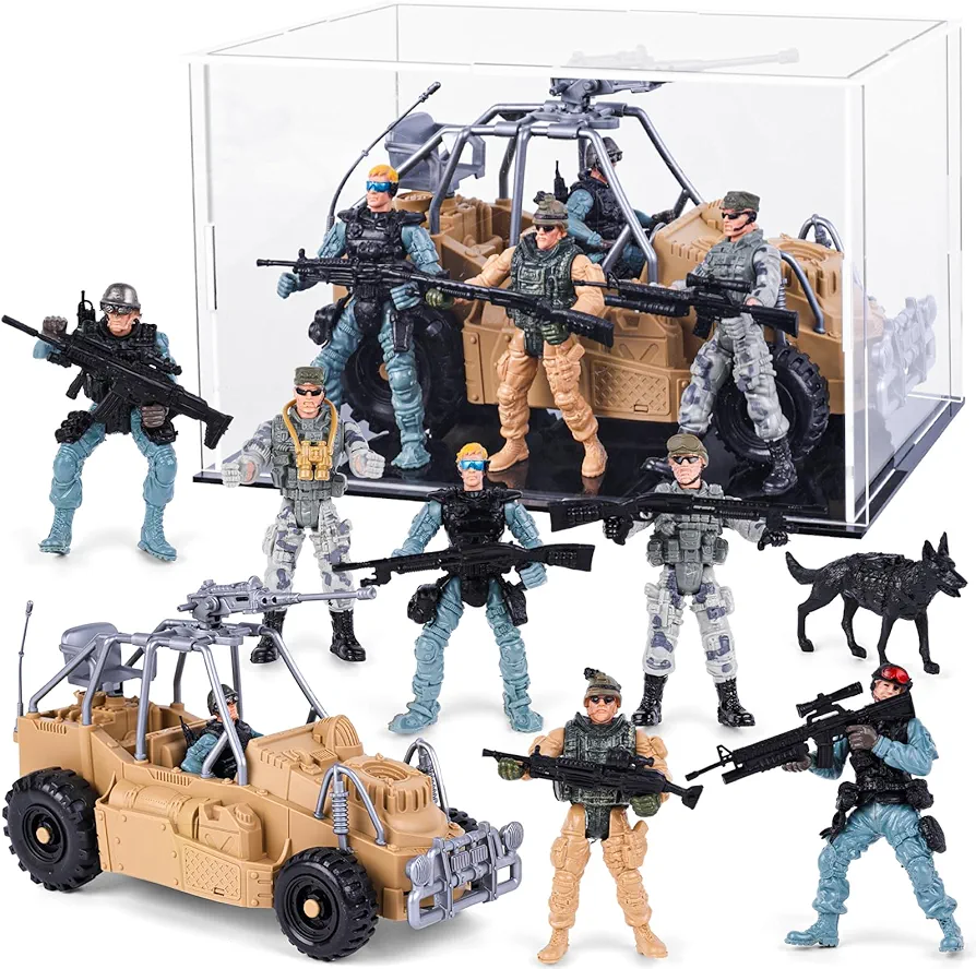 AMOR PRESENT 16PCS Army Men Soldiers with Acrylic Display Case, 4" Special Operation Soldiers Military Action Figures with Weapons and Vehicle