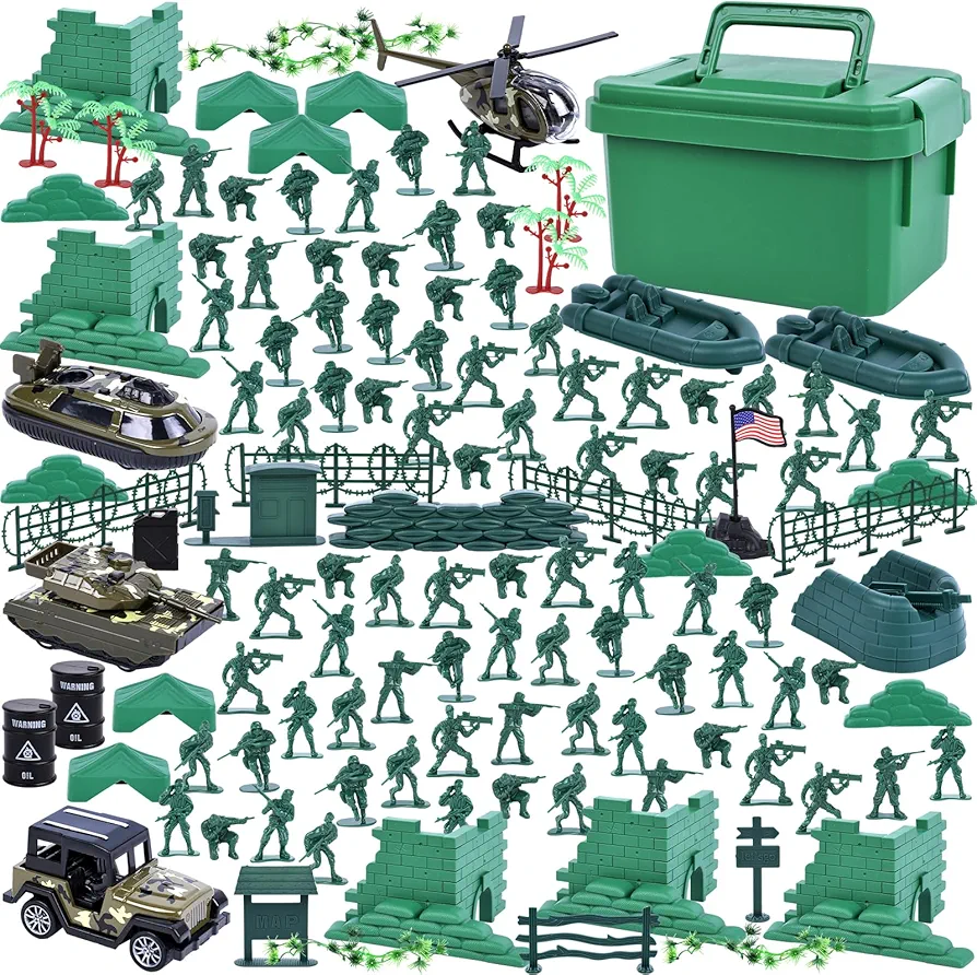 LovesTown 115PCS Army Men Playset, Military Soldier Set Army Action Figures Battle Group Military Base Toy with Box Helicopter for Gifts Green