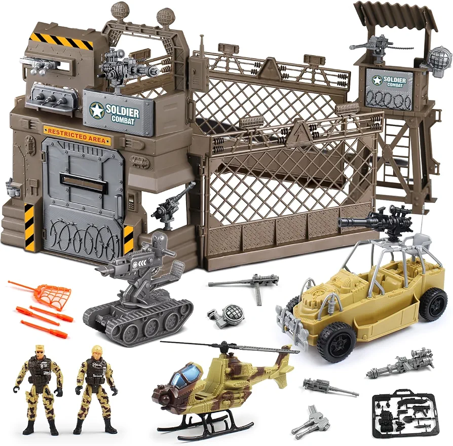 fisca Military Toys Set Military Base Playset Army Men Soldiers Action Figures Military Vehicles Weapon Gear Military Model Toy Set for Kids 3+ Year Old