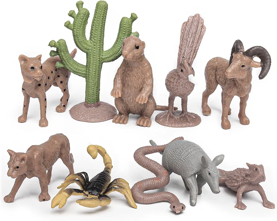 Fantarea Desert Wild Animal Model Figures Playsets 11 PCS Mini Cactus Armadillo Snake Lynx Wolf Scorpion Marmot Figurines Decoration Set Toys for Boys Girls Kids