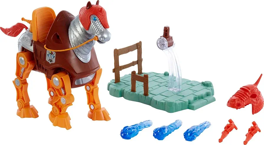 Masters of the Universe Origins Stridor Action Figure, 7 in Tall Robot Horse with Projectile Launcher, 3 Plasma Blasts, Helmet & Bridle with Cord, Collectible Gift for MOTU Fans Ages 6 Years & Older