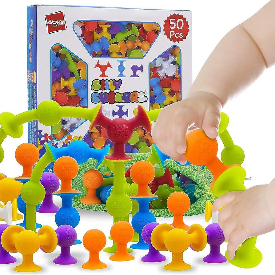 Silly Suckers Suction Toys 50 Pcs | Building Toys | Smooth Soft Edges | Montessori Toys | Toddler Toys | Sensory Toys | Bath Toys | Toy Building Sets | Preschool Building Sets | Suitable for Gifting