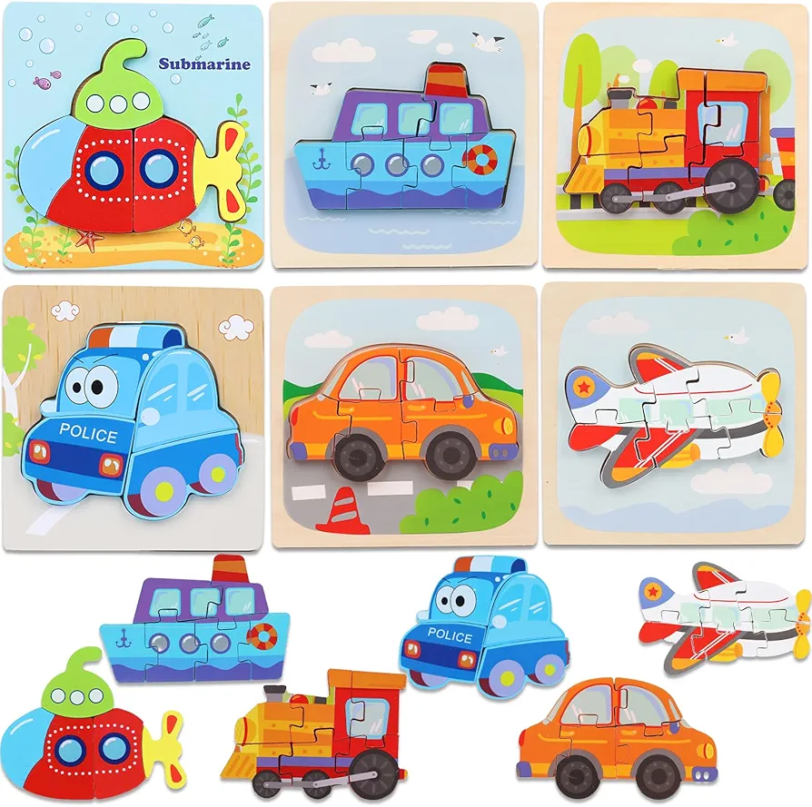 AMOR PRESENT 6PCS Wooden Toddler Puzzles, Montessori Jigsaw Puzzles Wooden Vehicle Puzzles Preschool Toy Gift for Kids Educational Developmental Toys