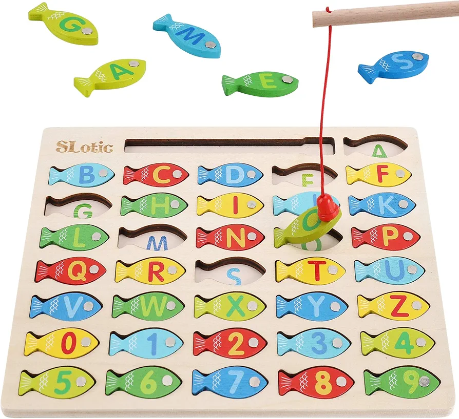 Magnetic Wooden Fishing Game Toy for Toddlers - Alphabet ABC Fish Catching Counting Learning Education Math Preschool Board Games Toys Gifts for 3 4 5 Years Old Girl Boy Kids