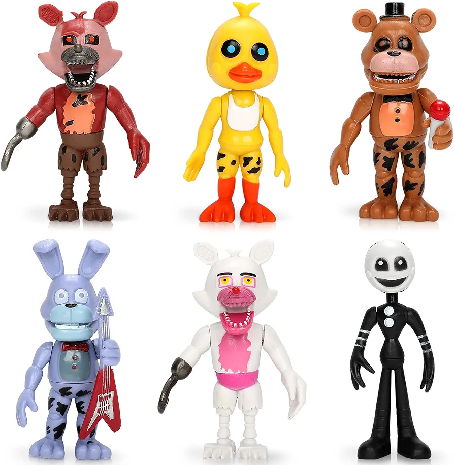 Five Nights Game Action Figures Set - 6 Pack 5 Night Game Figures Toys Dolls with Movable Joints for Cake Toppers Themed Party Decoration Party Favor Collectible and Gifts for Kids Boys Girls