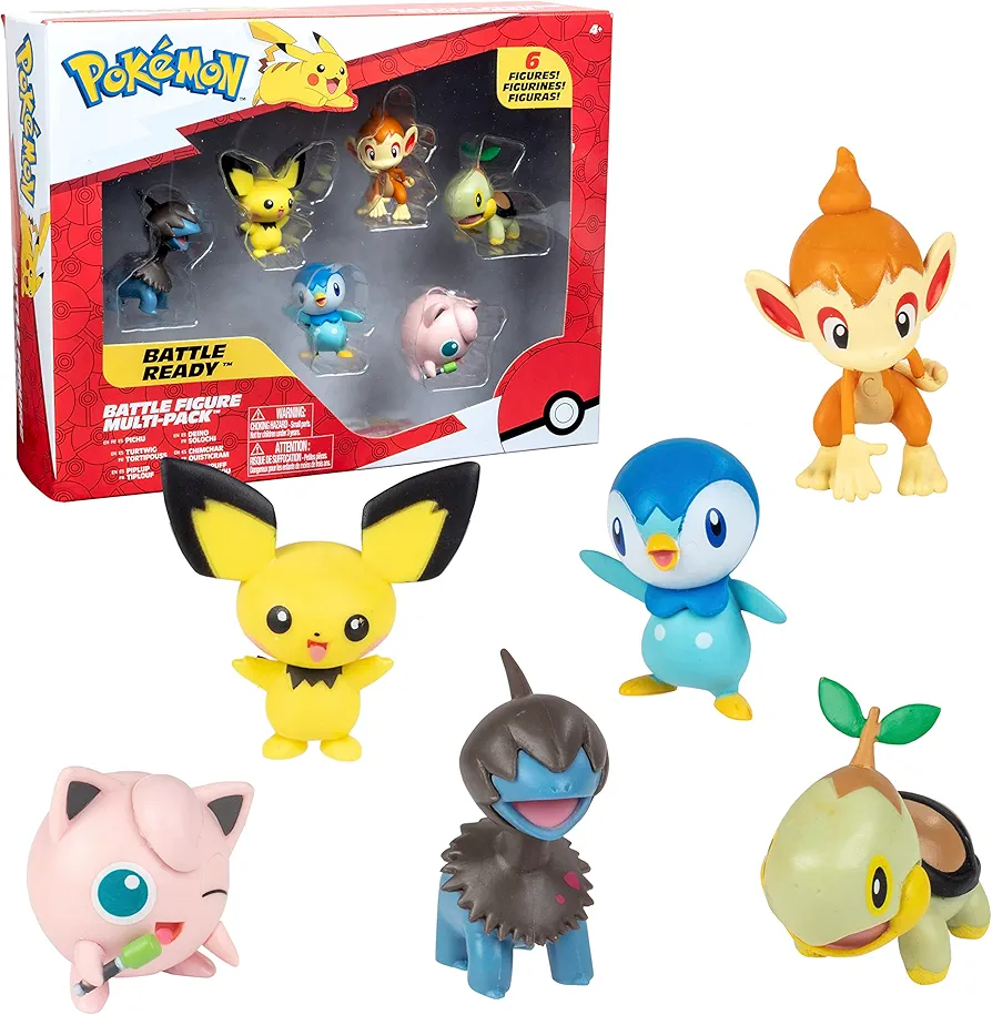 Pokémon Battle Figure Toy Set - 6 Piece Playset - includes 2" Pichu, Yamper, Turtwig, Piplup, Chimchar & Deino - Generation 4 Diamond & Pearl Starters - Gift for Kids, Boys & Girls